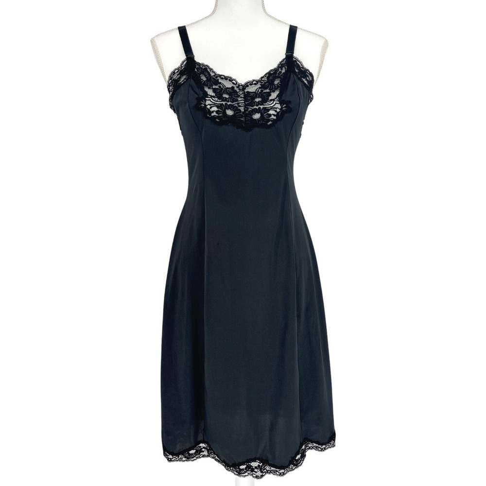 Vtg Wonder Maid Black Full Slip Dress Size 32 Lace Trim Non Cling Antron Nylon